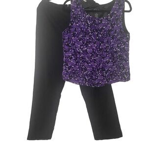 Vtg K STUDIO Pants Blouse Set Sleeveless Top Elastic Waist Women 10 Black Purple